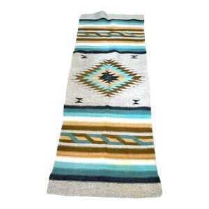 Vintage Southwestern Oaxaca Runner Rug 24"x63" Aztec Design Turquoise Woven READ